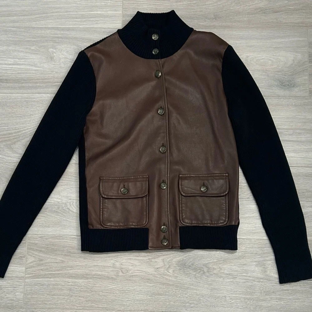 Lauren Ralph Lauren Brown Faux Leather Dark Navy (Black) Knit Cardigan - Picture 2 of 12